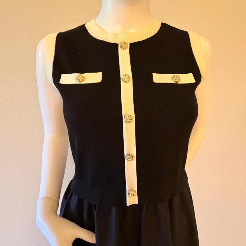 NWT Goelia Women's Black Knit Mixed Media Midi Dress Gold Buttons Sleeveless  S - Picture 2 of 11